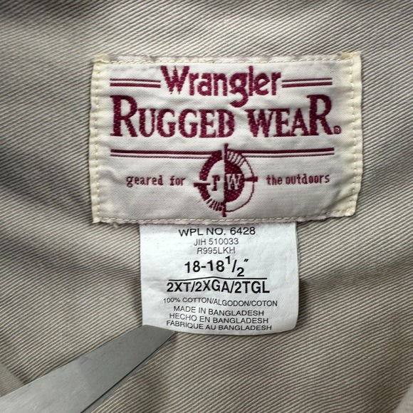 VTG 90s Wrangler Rugged Wear Shirt Mens 2XT Beige Denim Collar Elbow Patches - Picture 10 of 13